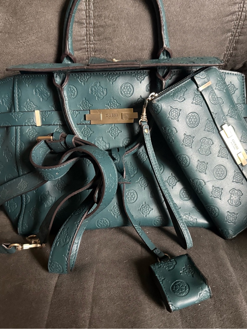 GUESS Teal Embossed Satchel with Wristlet and Crossbody Strap